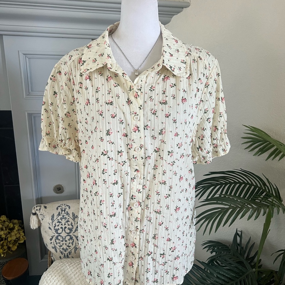 Allegra K Cream Floral Button-Down Blouse